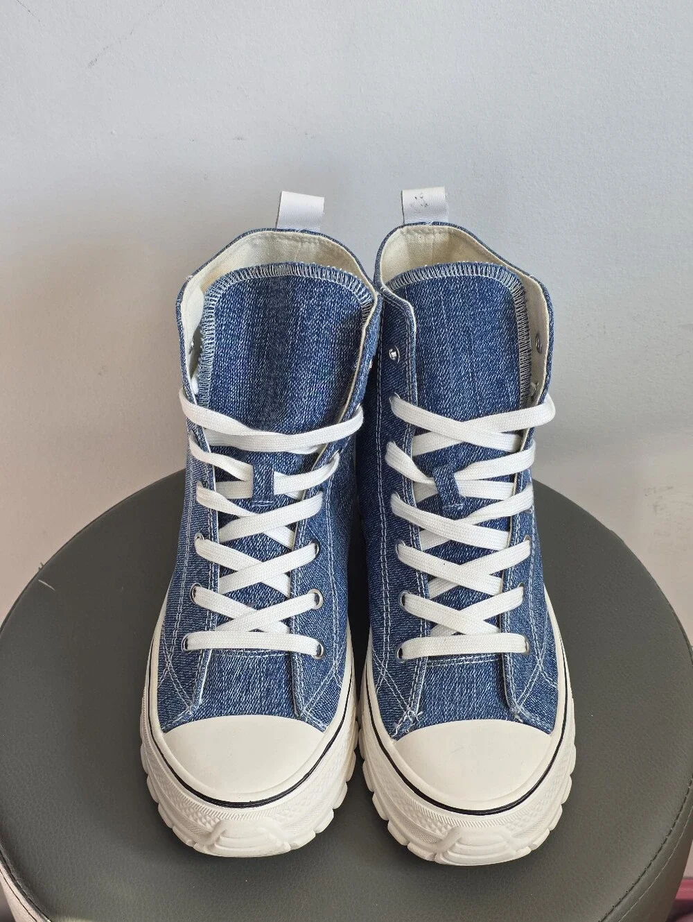 Wishbone Denim Platform High Top Sneakers Chunky Lug Sole Blue Jean Lace Up 10 - Picture 7 of 11